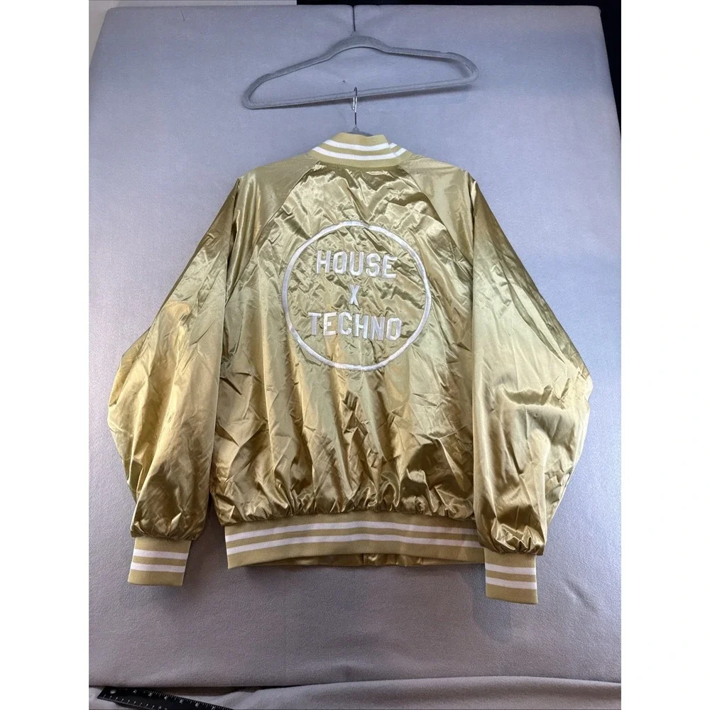 CRSSD House X Techno Gold Satin Bomber Jacket, Large, Augusta, Festival Rave